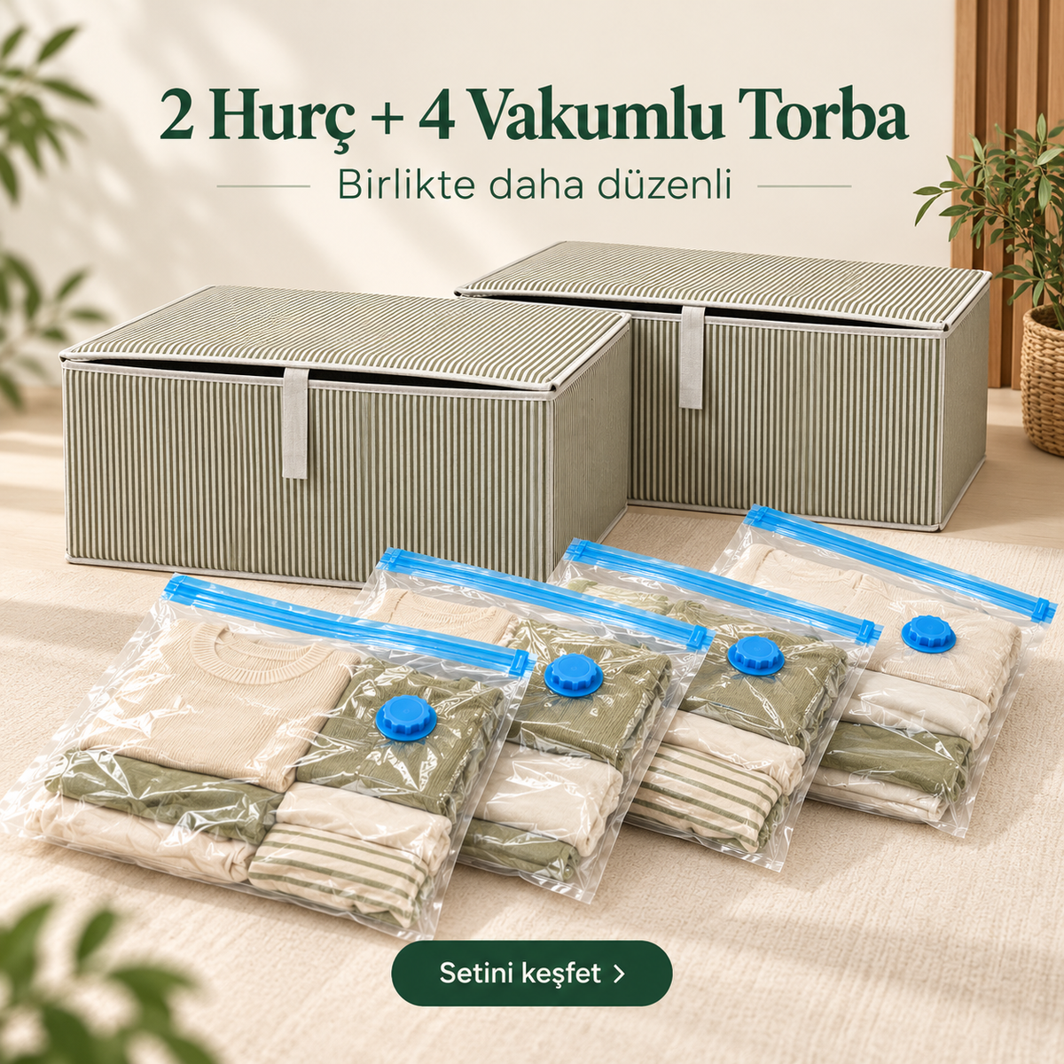 2 adet kapaklı hurç ve 4 adet 50 × 70 cm vakum torbası